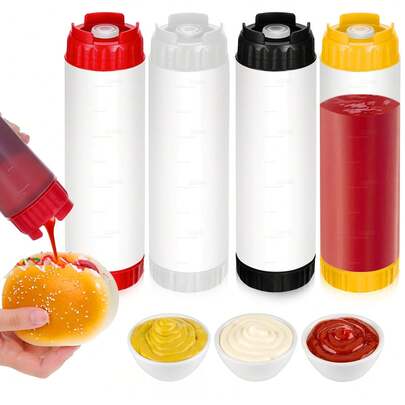 Botella de salsa con medición de PE, botella de exprimido de doble cabezal FIFO, botella de exprimido invertida a prueba de fugas apta para exprimir mermelada, ketchup, salsa