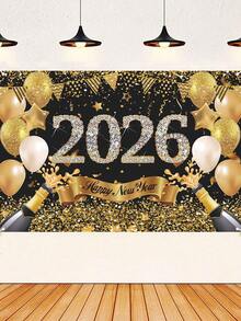 1 件 2026 新年快乐背景布，闪光气球，横幅和香槟图案背景布，150 * 100 厘米涤纶背景布，新年前夜庆祝用品，新年派对装饰，新年拍照摊位道具，新年装饰，节日派对用品 - 彩色 - 查看 2