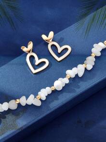 3 件波西米亚风格白色不对称石珠项链心形耳钉派对新娘首饰 - 白色 - 查看 4