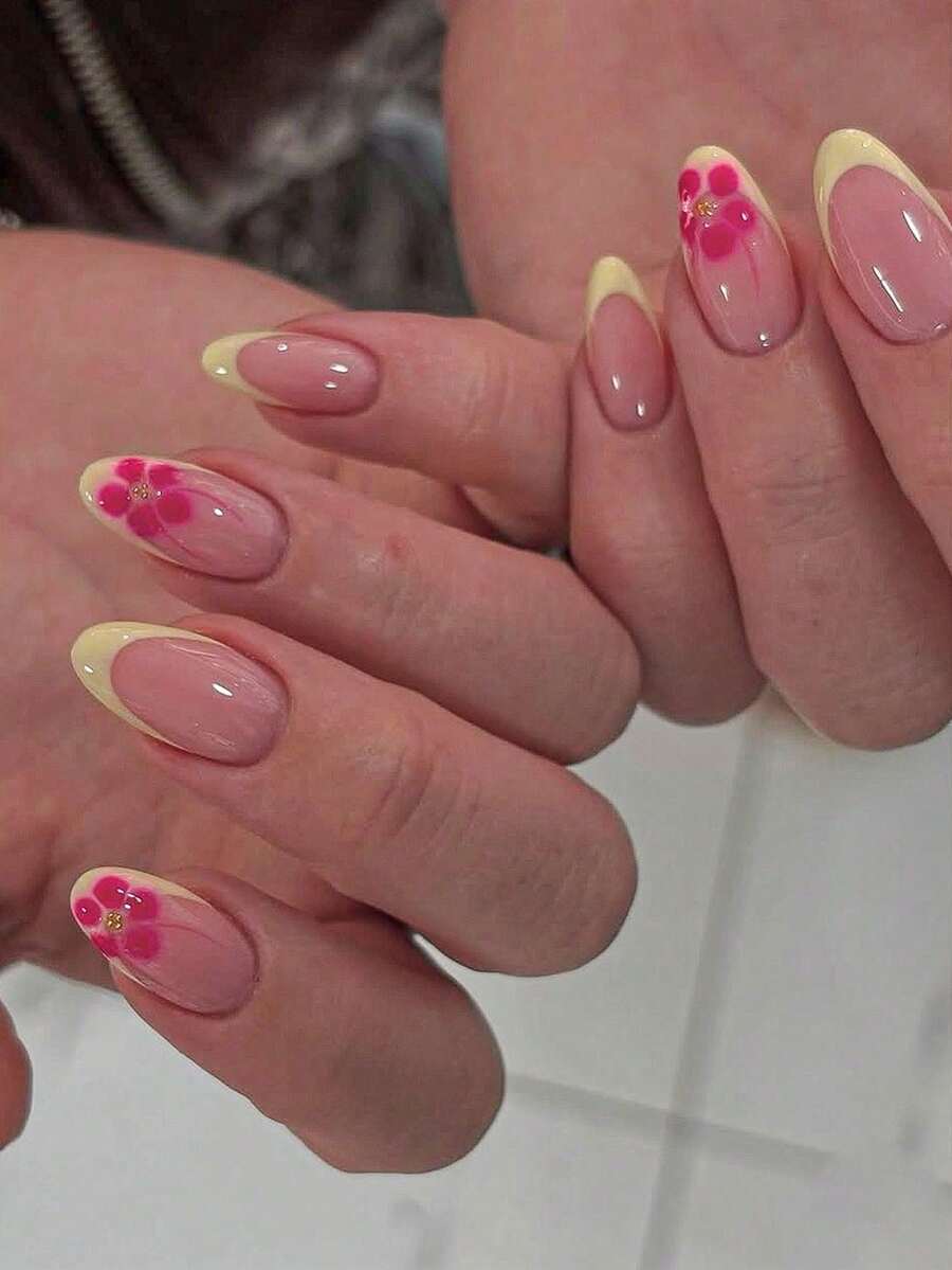 10 Stücke süße gelbe Aquarell Blumen französische mandelförmige Nagel-Aufkleber, elegant und luxuriös, geeignet für Frauen & Mädchen, Alltag, Party, Schule