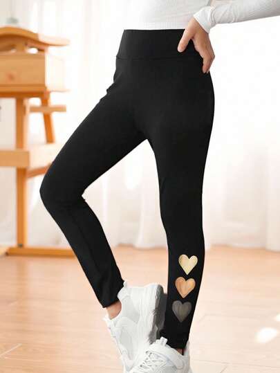 Young Girl Girls' Coffee Heart Print Leggings, Snug Fit Skinny Pants For Casual, Sports, Yoga, Shark Design, Elastic Waist, Cropped, Toddler & Little Girls