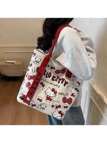 Sanrio Bolso de lona con diseño de Hello Kitty de Sanrio, bolso de mano lindo de KT, bolso de hombro versátil con diseño de dibujos animados, bolso de gran capacidad para ir y volver del trabajo, adecuado para viajes, vuelta al colegio, ir y venir del trabajo
