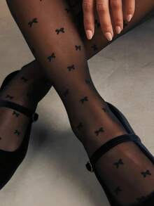 1双女士性感蝴蝶结透明连裤袜圣诞礼物 - 黑色 - 查看 3