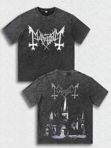 Make Vintage Double-Sided Men's T-Shirt With Mayhem Black Metal Band Gothic Castle Pattern, Men's Washed Top - màu đen - Xem 1