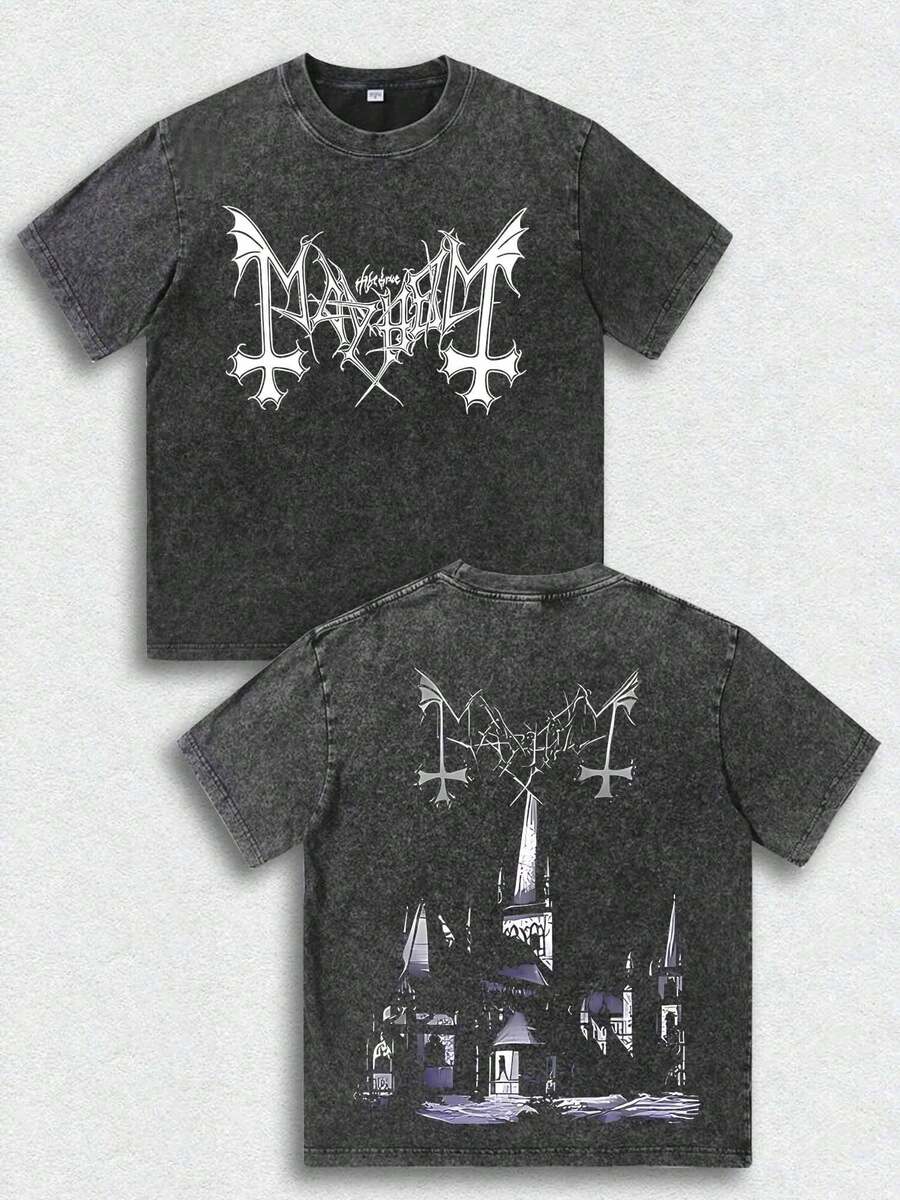Make Vintage Double-Sided Men's T-Shirt With Mayhem Black Metal Band Gothic Castle Pattern, Men's Washed Top - màu đen - Xem 1