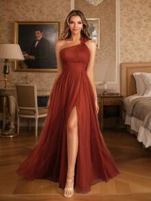 MOEVIO 女式不对称单肩交叉领口薄纱露背 A 字正式长款伴娘婚礼宾客活动礼服，适合夏季情人节生日礼服、秋季女士连衣裙、返校节生日女士服装 - 玫紅色 - 查看 1