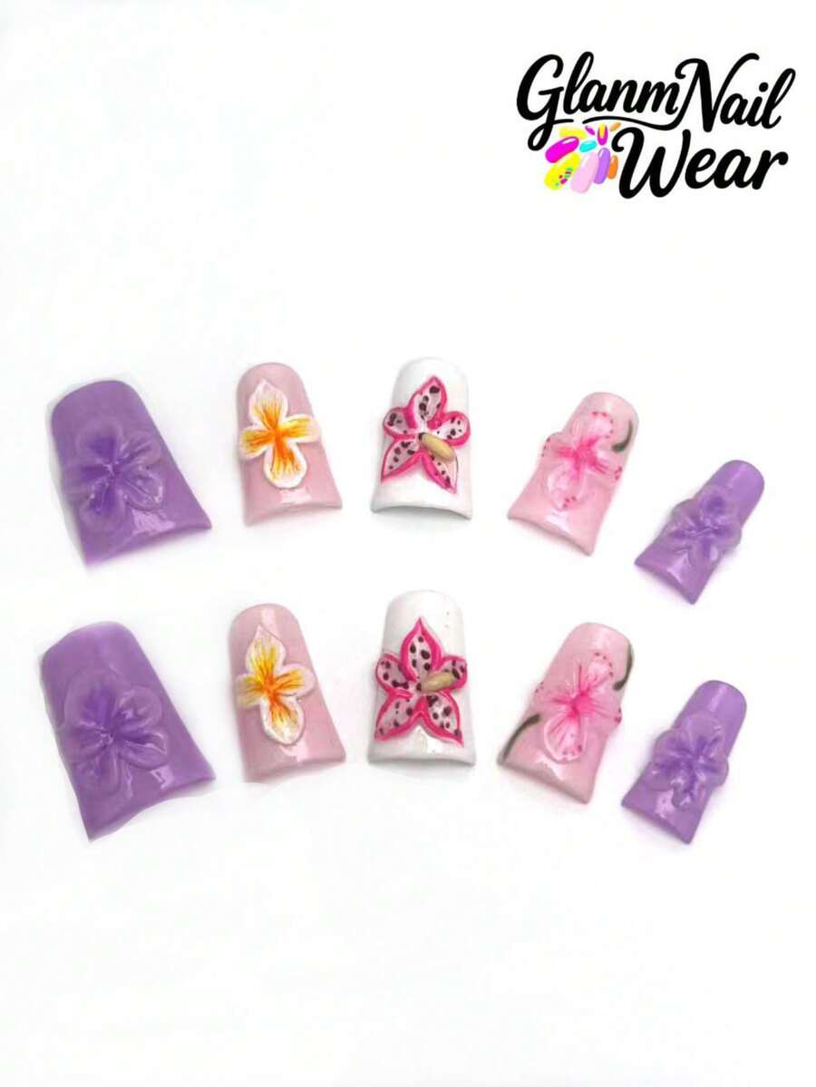 10 أظافر مصنوعة يدويًا بشكل منقار البط. تتميز بألوان هادئة مثل الوردي والبنفسجي والوردي والأبيض، وهي مزينة بزهور مرسومة باليد أو ثلاثية الأبعاد، مثل أشكال الفرانجيباني والزنبق. طازجة ورومانسية، وهي مناسبة للخروجات والمواعيد، وتخلق جوًا حلوًا. يحتوي كل مجموعة على 10 أظافر، مع ثلاثة أحجام متاحة للاختيار، وتأتي مع مجموعة من الأدوات. خيار مثالي للنساء والفتيات!