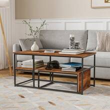 HOKZYHOUSE Couchtisch 2er Set, Wohnzimmertisch, Couchtisch mit Stahlgestell und Ablagen, Industrie-Design, Skandinavischer Stil, Sofatisch aus Holz, Beistelltisch, Vintagebraun