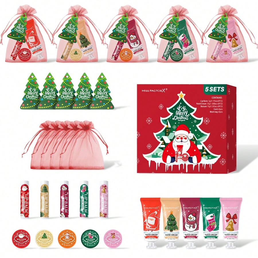 MISS FACTORX Christmas Gift Set - 5 Piece Christmas Series (Hand Cream + Lip Balm + Fragrance Balm) Gift Set, Includes Red Organza Bag And Christmas Tree Thank You Card, Perfect Christmas Gift Set