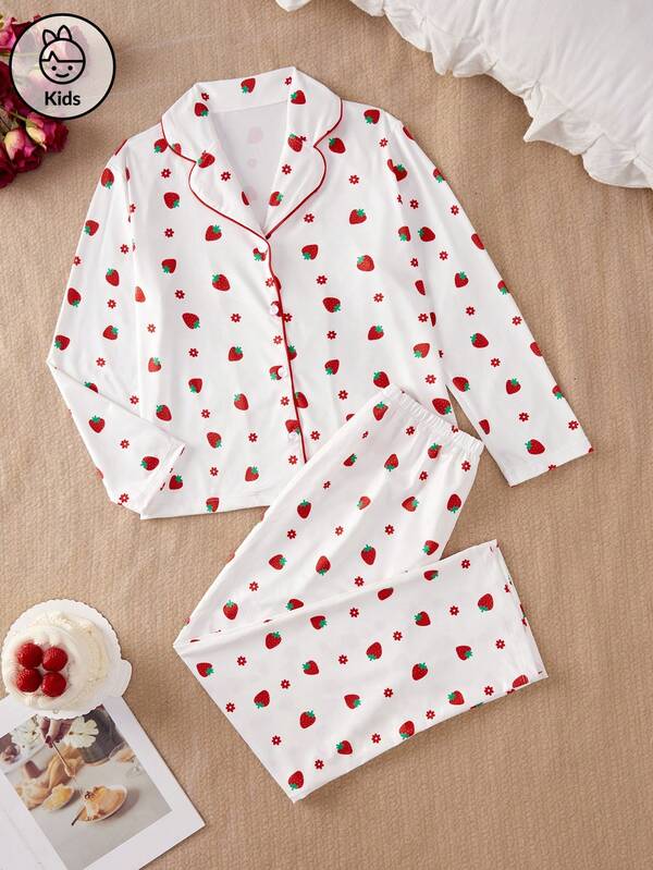 Conjunto de 2 peças de pijamas casuais para meninas, manga comprida, estampa de morango, calça casual