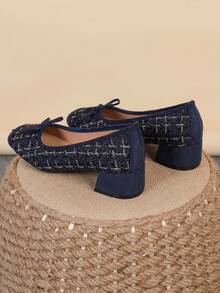 Square Toe Chunky Heel Shoes, Bowknot Slip-On Flats, Fashion Slip-On Loafers, Blue Plaid High Heels, Women's High Heel Pumps, Run Large, Size 35-43
