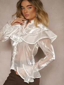 Ruffled Solid Color Front Button Sheer Elegant Long Sleeve Shirt - White - View 4