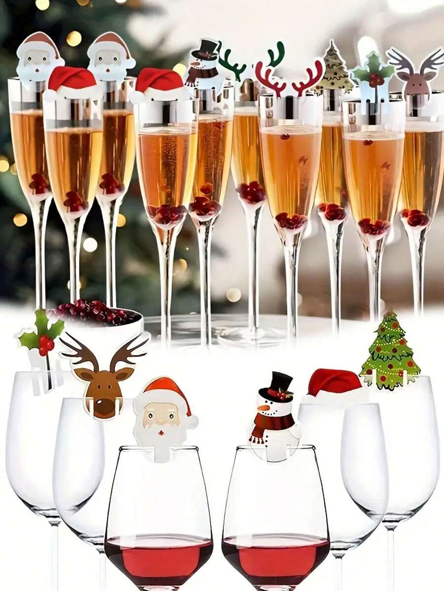 40 Stücke Weihnachts-Weinglas-Platzkarten-Halter, Papier-Karten mit Feiertags-Mustern, Rentier- & Weihnachtsmann-Hut-Deko, Geschirr für Feiertags-Zusammenkünfte, saisonale Dekorationen, Weihnachtsparty-Zubehör