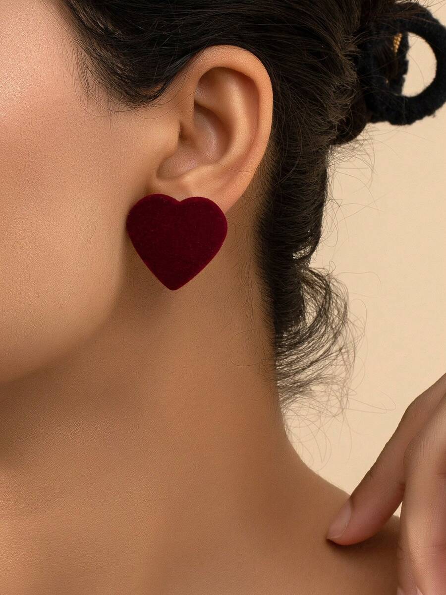 1 Pair Elegant Burgundy Flocked Heart Stud Earrings, Women's Holiday Party Wedding Dress Accessory - Burgundy - View 1