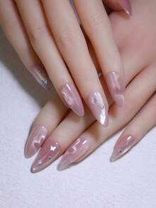 10pcs Almond Nude Pink Silk Cat Eye Handmade Press On Nails Glossy Shiny Heart Pattern Cat's Eye With Butterfly Nail Decoration French Style False Nails Reusable For Autumn And Winter DIY Daily Life Nail Beauty Fake Nail Tips - Pink - View 5