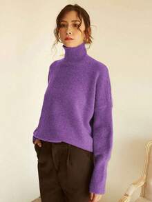 Knit Mix 优雅女士高领宽松针织毛衣，加厚长袖套头衫，适合秋冬季节，情人节和返校季时尚必备单品 - 紫藍 - 查看 5