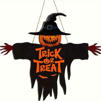 2D Flat, 1pc 2D Flat "Trick Or Treat" Halloween Door Decor, Scary Pumpkin Wooden Sign For Indoor/Outdoor Wall Decoration, Perfect For Halloween Party Supplies, Suitable For All 11 Holiday Occasions, 2D Flat Home Decor Halloween Decor Room Decor