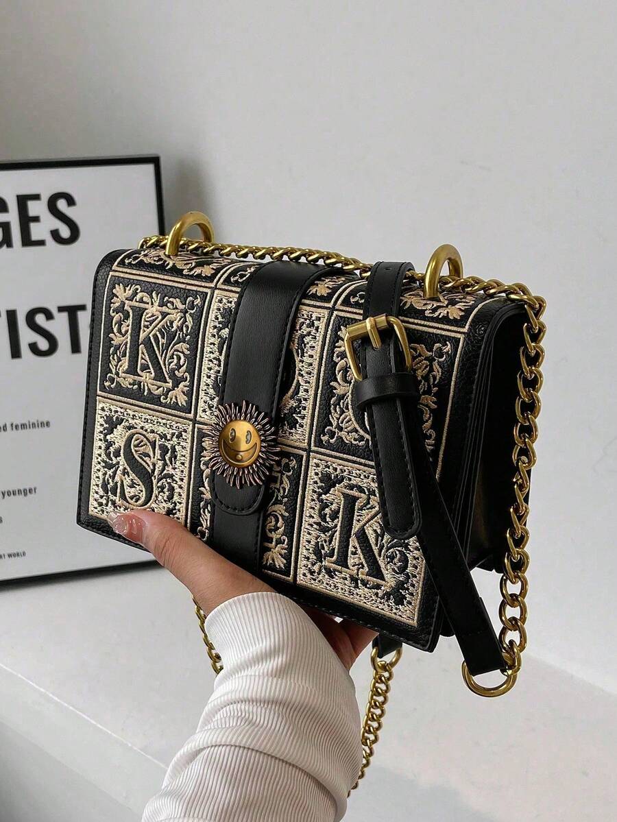 Mini Retro Square Crossbody Shoulder Bag - Black - View 1