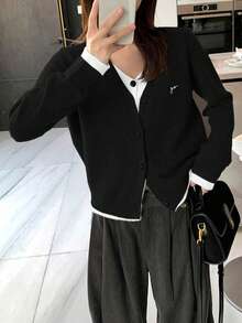 女士秋冬极简V领二合一毛衣开衫 黑色 - 黑色 - 查看 3