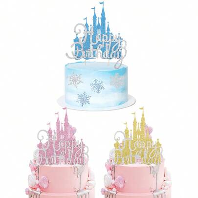 1 件城堡主题蛋糕装饰 - 蓝色、粉色、金色公主城堡蛋糕装饰 - 适合公主城堡主题生日、冬季仙境、圣诞派对装饰