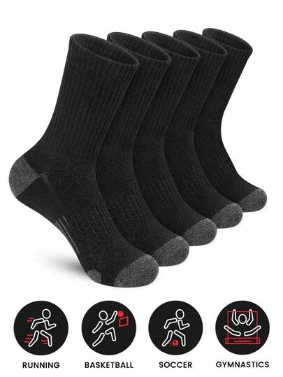 5 Pairs Men's Athletic Crew Socks Black & White & Gray Arch Compression Cushioned Boot Moisture Socks For Hiking Sports Running