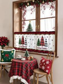 1pc Christmas Star Decor Christmas Tree Kitchen Window Curtain, Modern Stylish Home Decor Rod Pocket Curtain, Suitable For Christmas, Everyday Use