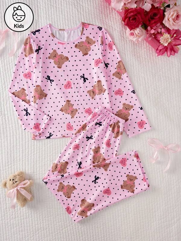 Conjunto de 2 peças para meninas adolescentes, ursinho rosa, coração, estampa de bolinhas, manga comprida, blusa e calça casual, pijama para relaxar, para outono/inverno