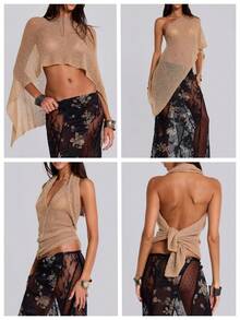 Women Y2k Sheer Knit Cover Ups Poncho Asymmetric Tops Lightweight See Through Off Shoulder Shrug Bolero Cover Up Tops  Pullover Tops Sweaters Beach Vacation Tops - 卡其色 - 查看 3
