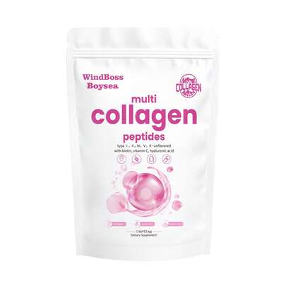  Polvo de Péptidos de Colágeno Múltiple Windboss - Péptidos de Proteína Hidrolizada Tipos I, II, III, V, X con Biotina y Vitamina C, Apoya la Piel, el Cabello, las Uñas y las Articulaciones, Sin Sabor, No Transgénico, Sin Gluten, Fácil de Mezclar 1LB