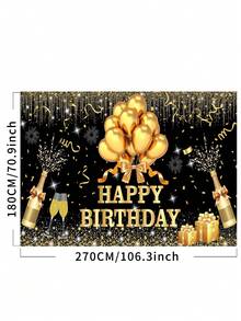 1 Peça Painel de Fotografia de Aniversário Feliz Preto e Dourado, Balões Brilhantes, Pontos, Fogos de Artifício, Faixa de Festa, 59.1*39.4/82.7*59.1/106.3*70.9 Polegadas, Taças de Champanhe, Caixa de Presente, Bottom de Foto Interno e Externo, Decoração de Chá de Bebê