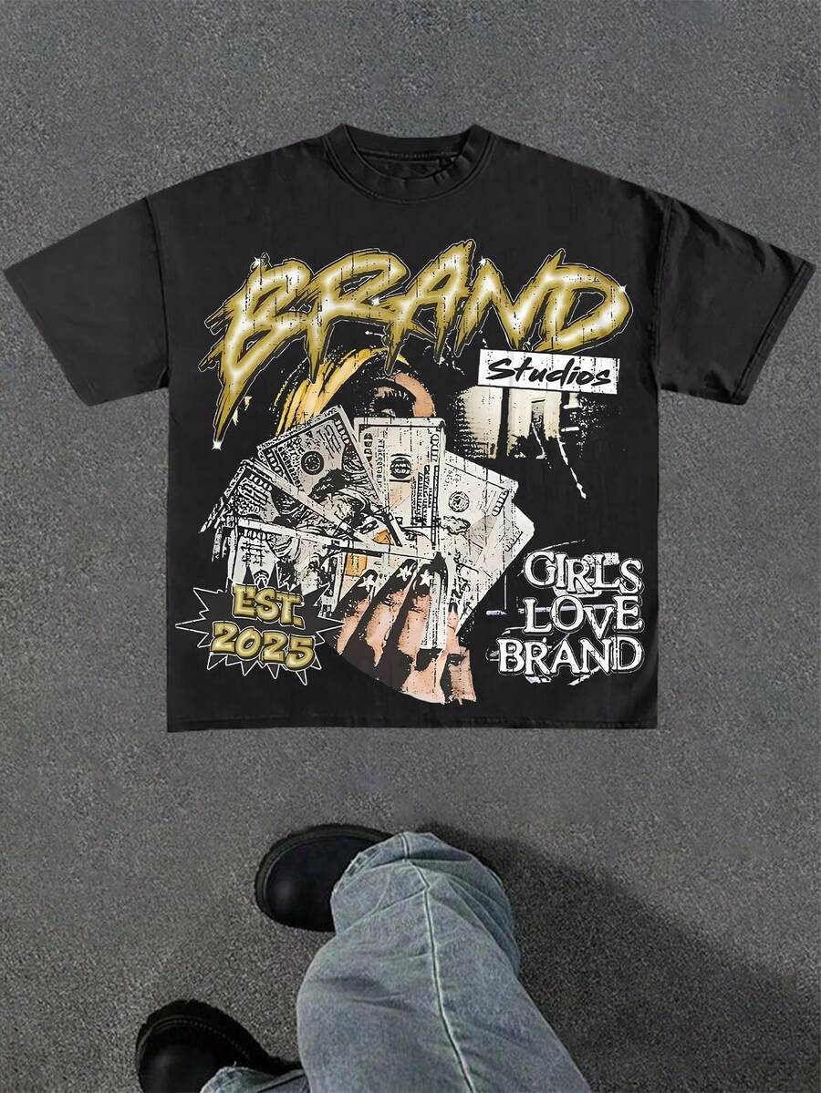 Brand Studios Girls Love Brand(Cotton T-Shirt) Men's Round Neck Short-Sleeved Cotton Casual T-Shirt, Loose Style, Versatile, Unisex, Suitable For Holiday Trave - 黑色 - 查看 1