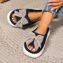 Zapatillas de mujer para otoño/invierno con lazo de pana, suela gruesa, borde de felpa suave, abierta de dedo, antideslizante y cálida, zapatillas de algodón para interiores. Sandalias de verano para damas. - Negro - Ver 1