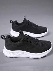 1 Pair Solid Color Sneakers, 2025 Spring/Autumn New Women's White British Style Lace-Up Casual Shoes, Round Toe Low-Top Thick Sole Non-Slip Shoes, Fashion Breathable Thick Sole Road Running Shoes - Black and White - View 2