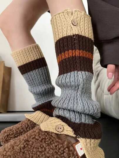 1双复古撞色针织毛衣 - 女童Y2K风格，舒适棕色日系风，秋冬款