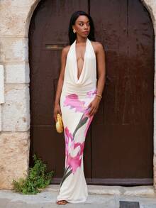 Yess Loren 女士性感露背吊带连衣裙，搭配花卉印花长裙，女士夏季连衣裙，女士夏季服装，女士度假服装，女士黄油黄色连衣裙，黄油黄色连衣裙