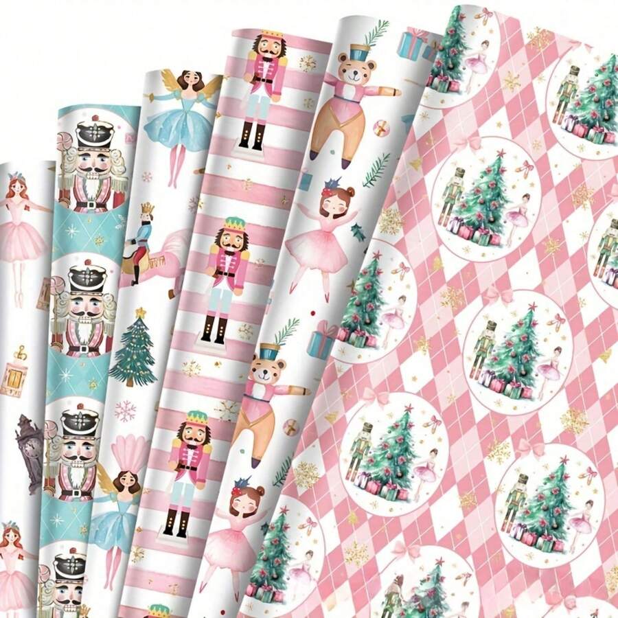 6-Pack Christmas Gift Wrap Paper Set With Nutcracker, Zebra, And Christmas Tree Designs - Mixed Color Holiday Party Favor Box Decoration Supplies-Tear-Resistant Vibrant Color Block For Boutique Gifts