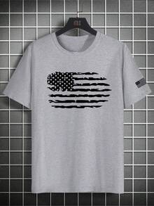 男士休闲美国国旗印花圆领短袖T恤 - 灰色 - 查看 4
