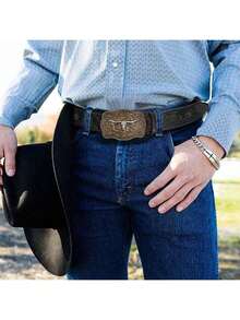Vintage Style Men's PU Leather Belt, Adjustable Buckle With Cowboy-Inspired Bull Head Pattern, Suitable For Cosplay