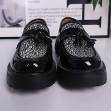 Water Diamond Lacquered Leather Thick Sole Men's High-End Leather Loafers, Fashionable And Casual Versatile Shoes,Suitable For Weddings, Parties, Festivals And Casual Leather Shoes - Đen và trắng - Xem 6