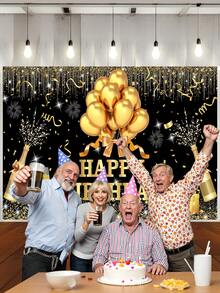 1 Peça Painel de Fotografia de Aniversário Feliz Preto e Dourado, Balões Brilhantes, Pontos, Fogos de Artifício, Faixa de Festa, 59.1*39.4/82.7*59.1/106.3*70.9 Polegadas, Taças de Champanhe, Caixa de Presente, Bottom de Foto Interno e Externo, Decoração de Chá de Bebê