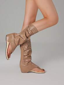 Women's Summer Boots Open Toe Hollow Hole Summer Boots Clip Toe  Knee High Boot Summer Sandals For Outdoor  Party Dress Fashion  Gladiator Sandals - 卡其色 - 查看 4