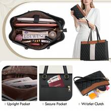 NEWHEY Premium Leather Laptop Tote Set For Women: 15.6 Inch Professional Work Bag With Detachable Clutch. Multi-Functional Computer Briefcase & Purse For Office, Teacher, And Business Travel. - 黑色拼棕色 - 查看 6