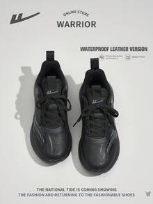 WARRIOR 1 双女式前系带运动鞋，网眼透气防滑耐用舒适百搭轻便跑步鞋，适合户外休闲穿着 - 黑色(皮面) - 查看 9
