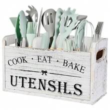1pc Rustic Wooden Kitchen Utensil Holder, 3-Compartment Wood Storage Box, Countertop & Wall-Mounted Dual-Use Organizer, Multifunctional Kitchen Accessory For Cooking, Eating & Baking Tools Storage - White - View 2