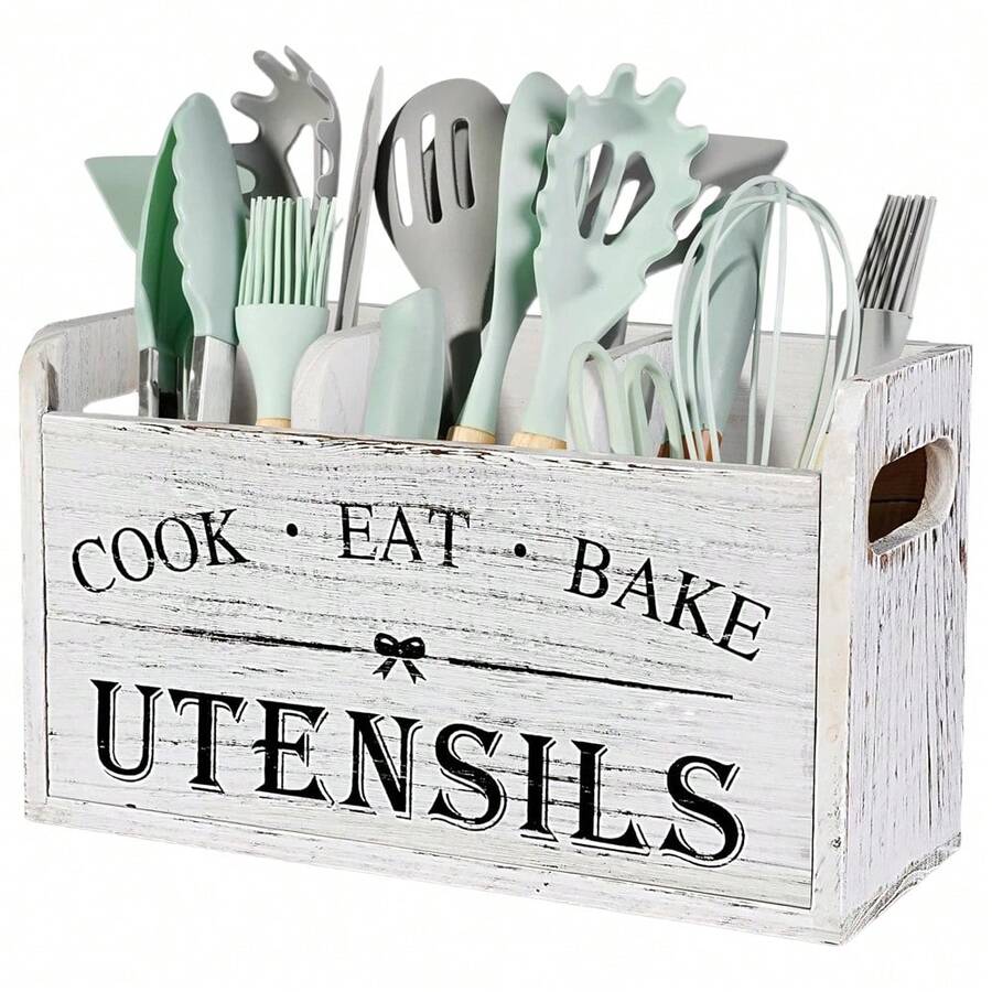1pc Rustic Wooden Kitchen Utensil Holder, 3-Compartment Wood Storage Box, Countertop & Wall-Mounted Dual-Use Organizer, Multifunctional Kitchen Accessory For Cooking, Eating & Baking Tools Storage