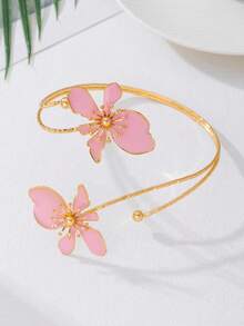 1 chiếc vòng tay hợp kim sắt tráng men hồng hai đầu họa tiết hoa, tối giản và thanh lịch, thích hợp làm quà tặng Ngày của Mẹ, tiệc tùng và đeo hàng ngày - Hồng - Xem 2