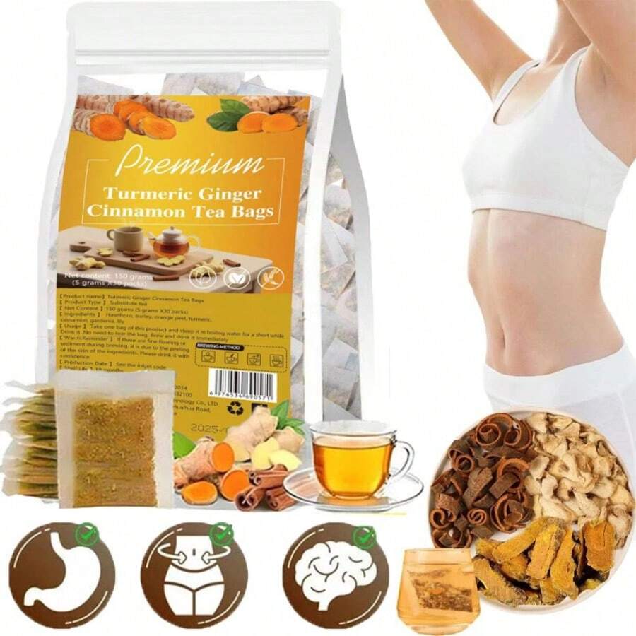 Turmeric, Turmeric & Ginger Tea, No Additives, No Caffeine, Brain Support, Weight Loss, Sleep & Skincare, 30 Sachets - Multicolor - View 1