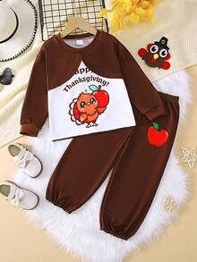 Conjunto de 2 peças para meninas, blusa de manga comprida com estampa de letras "Peru" e "Maçã" e calças com estampa de maçã, para atividades ao ar livre, Ação de Graças, outono/inverno