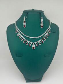 4pcs/Set European & American Style Cubic Zirconia Copper Red & Blue Cubic Zirconia Bridal Wedding Gown Evening Dress Multi-Layer Tassel Necklace, Earrings, Ring, Bracelet Jewelry Set - Red - View 4