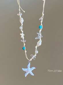 1 件贝壳、海星、花卉串珠吊坠项链，多色编织贝壳和人造珍珠，天然石，女士夏季海滩度假